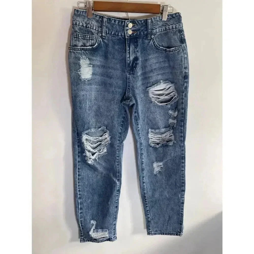 Women's Flamingo Distressed Boyfriend Jeans Size M Blue EUC! 0112